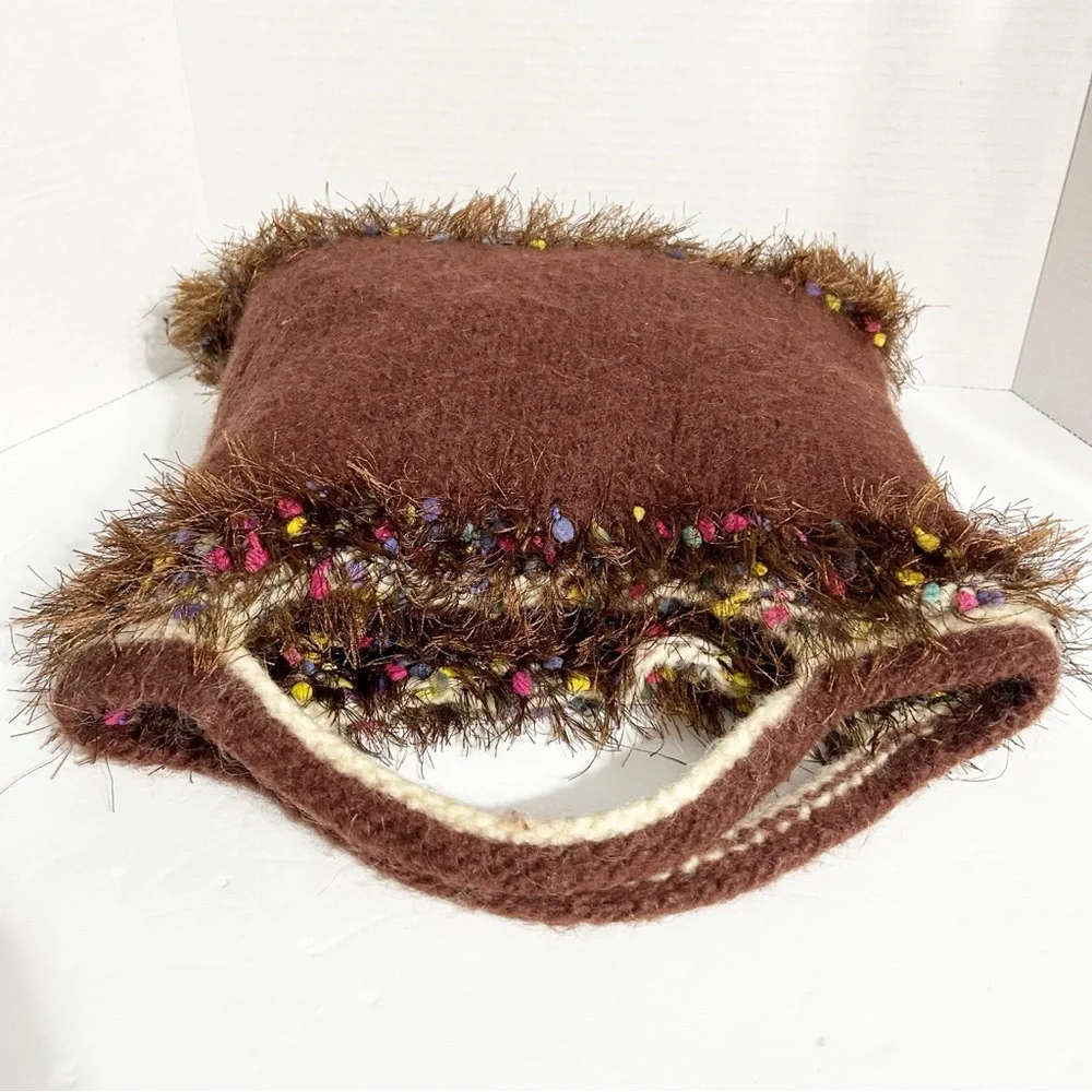 Unbranded Handcrafted Multi Yarn Types Knit Tote Fuzzy Trim Around Top Boil Wool
